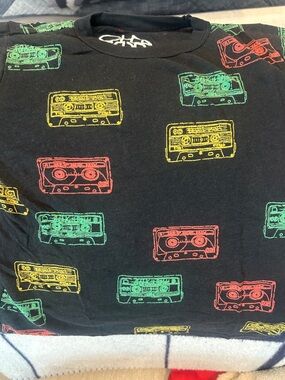 Black Chaser Tee with Red, Yellow & Green Cassette Print